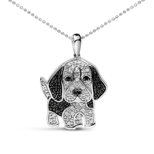 Collar con colgante de perro Basset Hound en plata de ley .925 con diamantes blancos y negros de 1/4 quilates, 18 pulgadas (color I-J, claridad I2-I3)