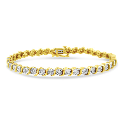 Pulsera de tenis de oro rosa de 14 quilates con baño de plata de ley .925 y diamante de 1/4 qt engastado en placa de ilusión con eslabones en "S" (color I-J, claridad I2-I3) - 7"