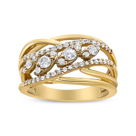 Anillo tipo cóctel de oro amarillo de 10K con diamante de corte redondo de 1/2 quilate en varias filas y vástago dividido (color H-I, claridad SI2-I1) - Talla 7