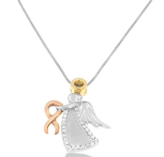 Collar con colgante de lazo de concientización de ángel acentuado con diamantes de oro tricolor de 10K (color H-I, claridad I1-I2)