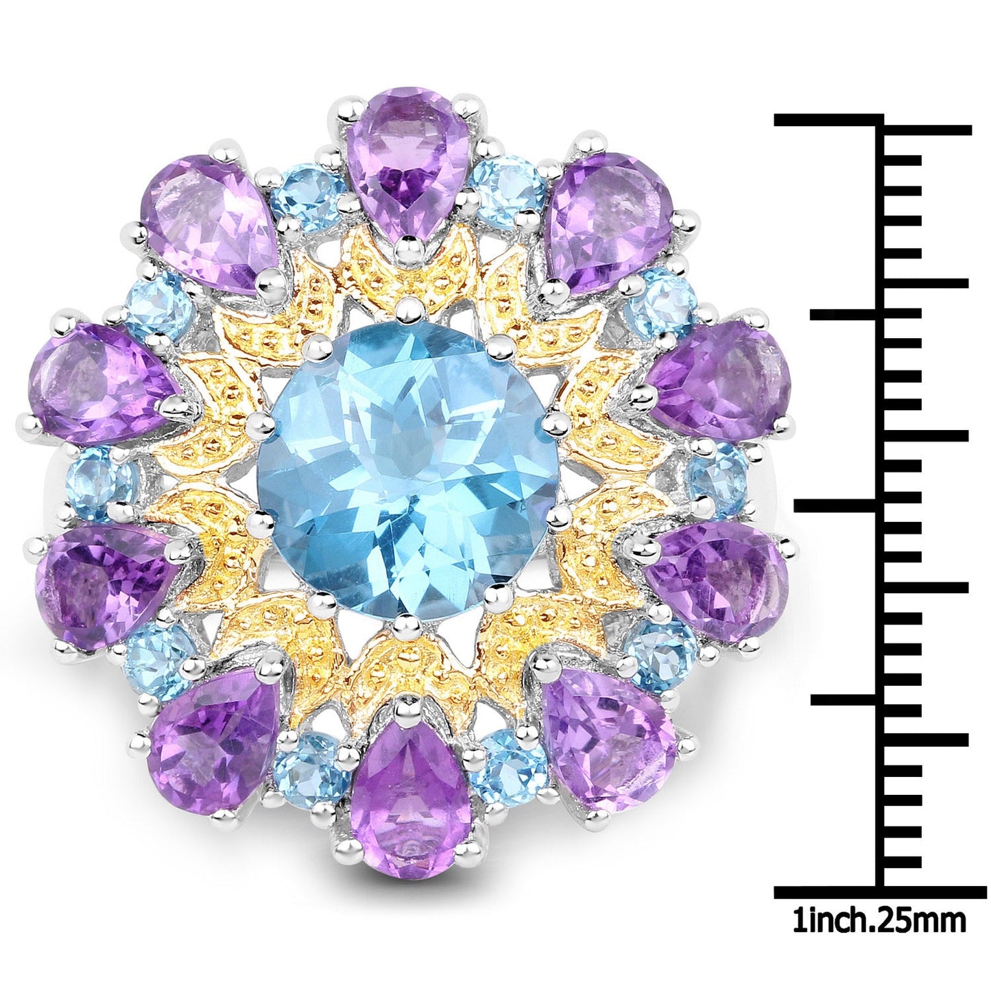 Anillo de plata de ley .925 con topacio azul de Londres y amatista auténticos de 8,86 quilates