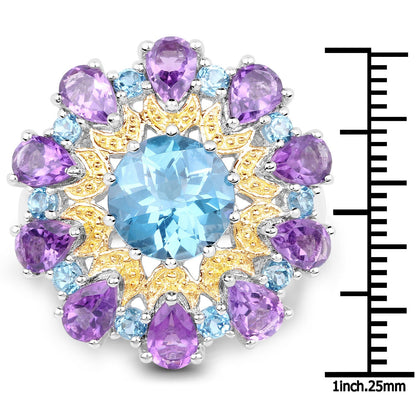Anillo de plata de ley .925 con topacio azul de Londres y amatista auténticos de 8,86 quilates