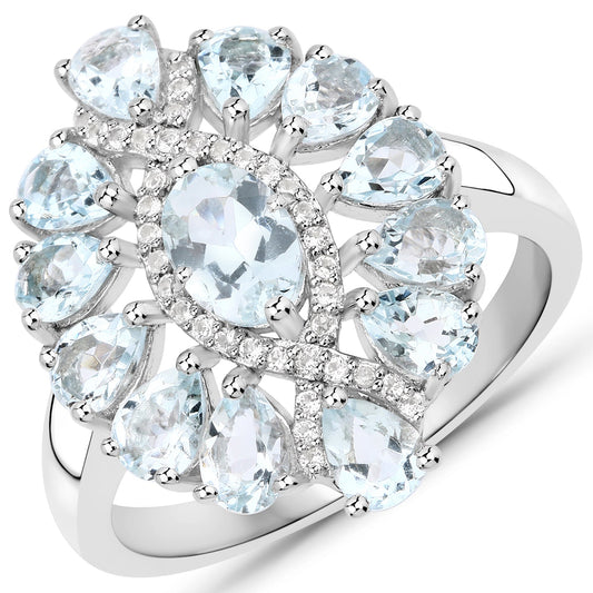Anillo de plata de ley .925 con aguamarina auténtica de 1,89 quilates y topacio blanco
