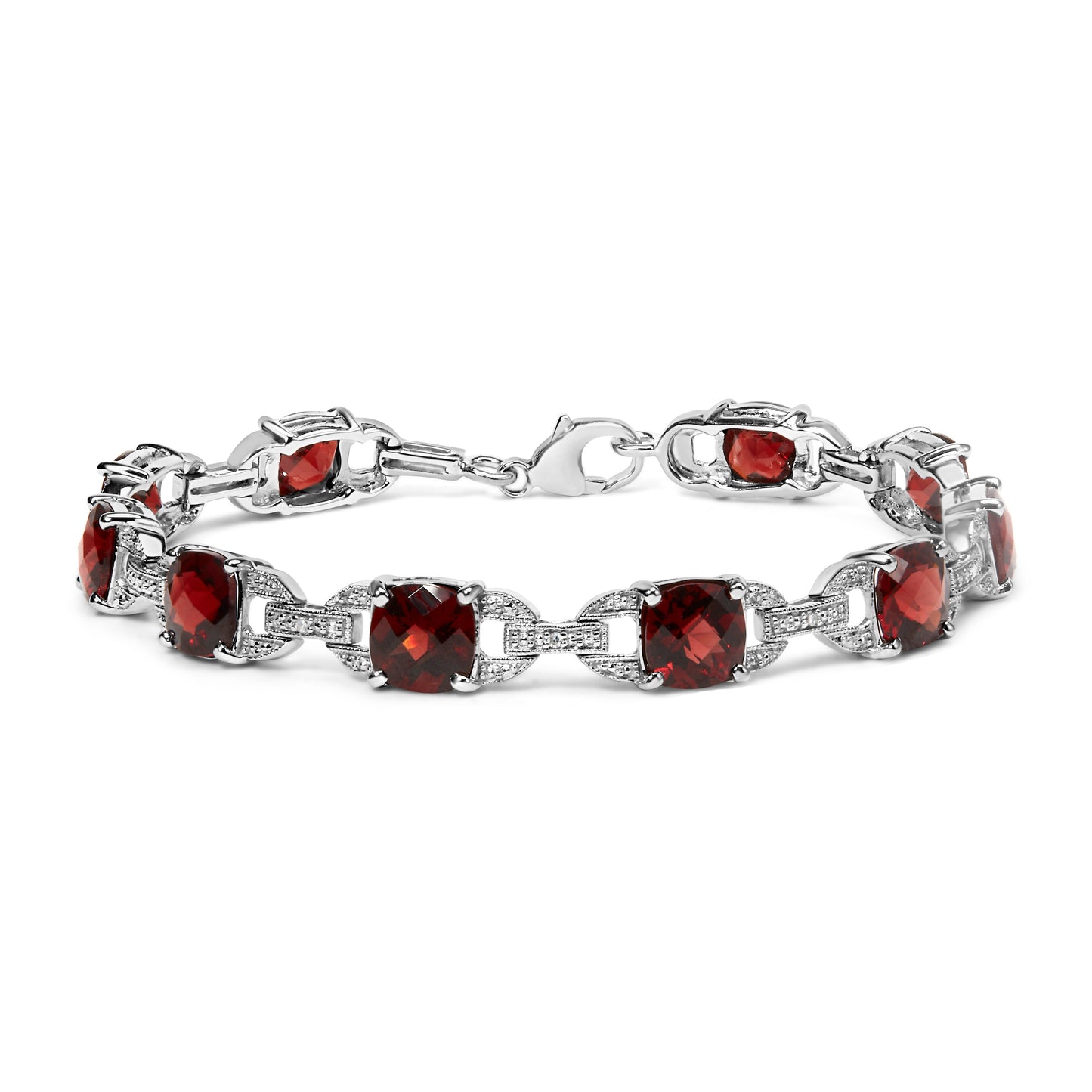 Pulsera de eslabones tipo tenis de moda de plata de ley .925 con granate rojo de cojín a cuadros de 7x7 mm y acentos de diamantes (color I-J, claridad I1-I2) - Tamaño 7 pulgadas