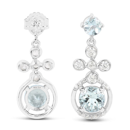 Pendientes de Plata de Ley .925 con Aguamarina Genuina de 4.42 Quilates y Zircón Blanco