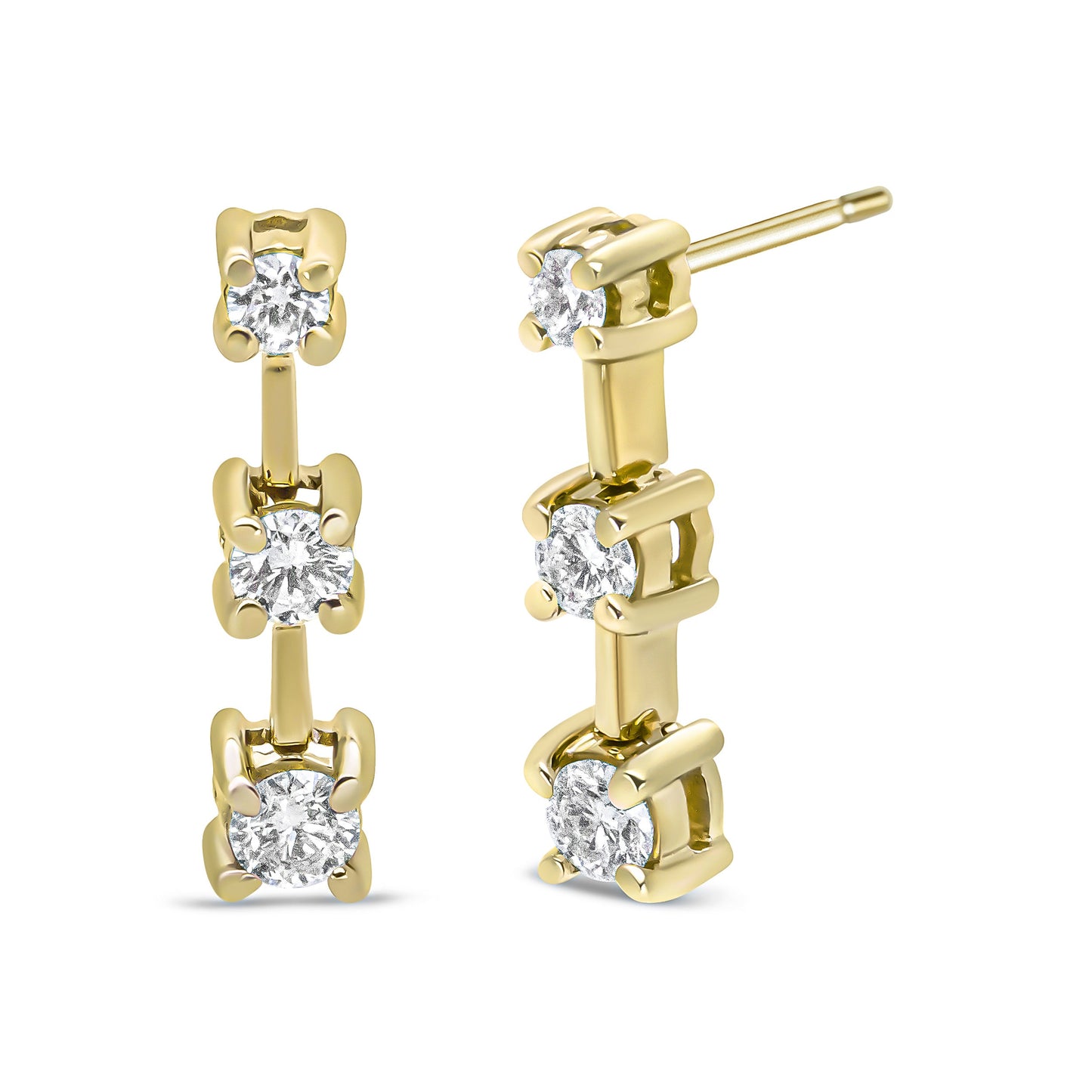 Pendientes de botón en oro amarillo de 14 quilates con diamantes redondos de 1/2 quilate en total, de tres piedras, en cascada lineal y con diseño de pasado, presente y futuro (color H-I, claridad SI1-SI2)