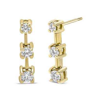 Pendientes de botón en oro amarillo de 14 quilates con diamantes redondos de 1/2 quilate en total, de tres piedras, en cascada lineal y con diseño de pasado, presente y futuro (color H-I, claridad SI1-SI2)