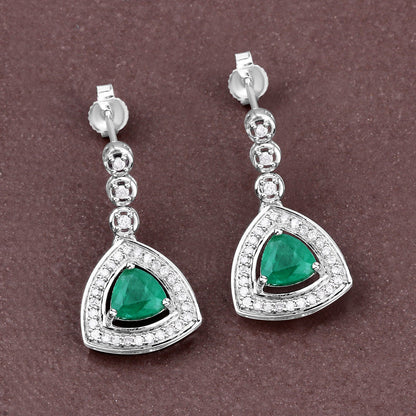 Pendientes de oro blanco de 14 quilates con esmeralda zambiana auténtica de 1.39 quilates y diamantes blancos