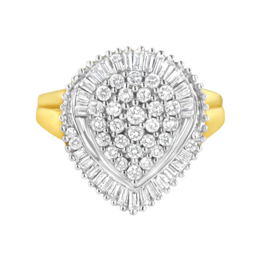 Anillo de oro amarillo de 10K con forma ovalada y grupo de diamantes redondos y talla baguette de 1,0 quilates (Color I-J, Claridad I1-I2) - Talla 7