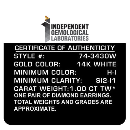 Pendientes de oro blanco de 14K con diamantes redondos de 1,00 Cttw de talla brillante, casi incoloros, con 4 garras clásicas (color H-I, claridad I1-I2)