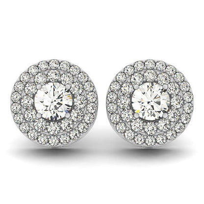 Pendientes de diamante redondos de doble halo de oro blanco de 14k (1 1/4 TCW)