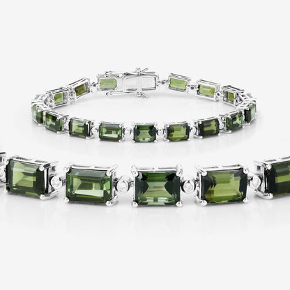Pulsera de oro blanco de 14 quilates con turmalina verde genuina de 19,04 quilates y diamantes blancos