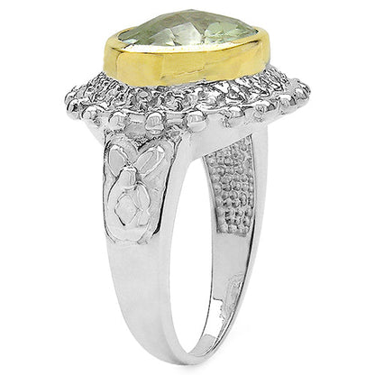 Anillo de Plata de ley .925 Chapado de Dos Tonos con Amatista Verde Genuina de 4.16 Quilates y Topacio Blanco