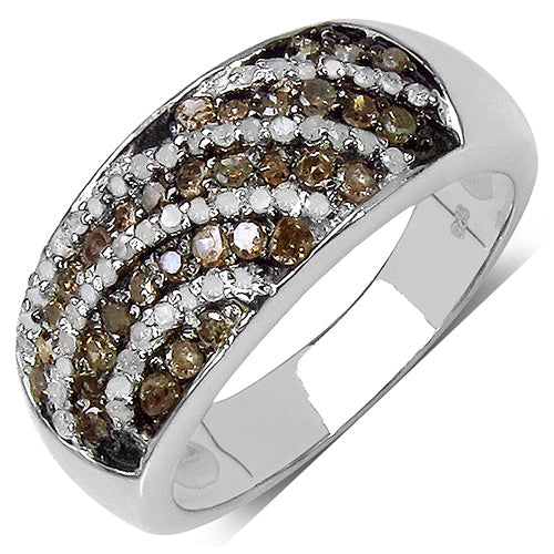 Anillo de plata de ley .925 con diamante de champán auténtico de 0,64 quilates y diamantes blancos