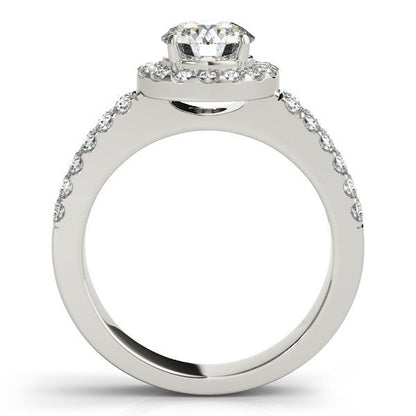 Anillo de compromiso con halo de diamantes en oro blanco de 14 quilates y banda de doble fila (1 3/8 quilates de peso total)