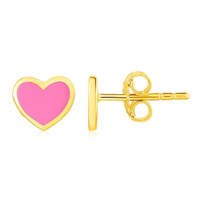 Pendientes de oro amarillo de 14k con esmalte de corazón rosa