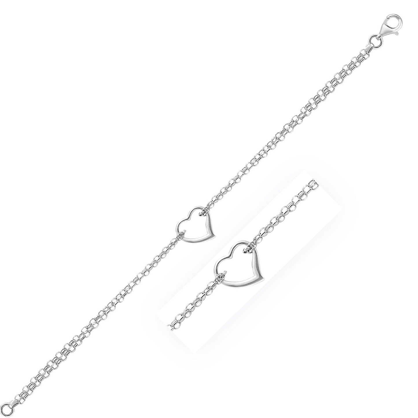 Tobillera de cadena de cable de oro blanco de 14k con estación de corazón abierto