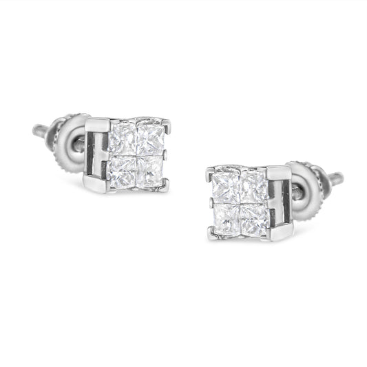 Pendientes de tuerca cuadrados con diamantes de talla princesa engastados invisibles de 3/4 Cttw en oro blanco de 10K (color H-I, claridad SI2-I1)
