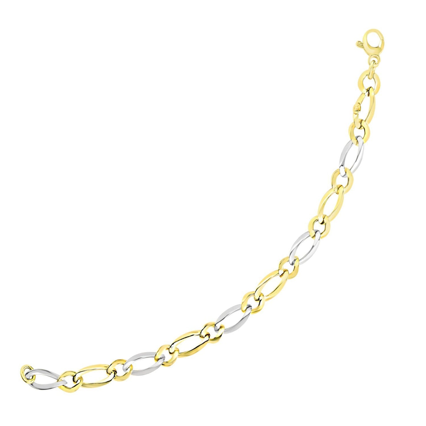 Pulsera de cadena Fígaro de oro bicolor de 14k con eslabones largos y cortos