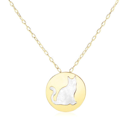 Collar de oro amarillo de 14k con símbolo de gato en nácar