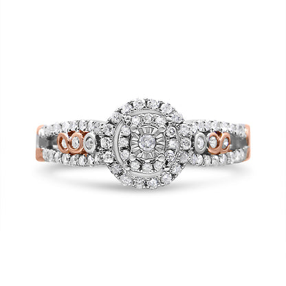 Anillo de Compromiso de Plata Fina .925 Chapado en Oro Rosa de 14K con Doble Marco Cruzado y Vástago Dividido de Diamantes Redondos de 3/8 Cttw (Color I-J, Claridad I2-I3) - Talla 7