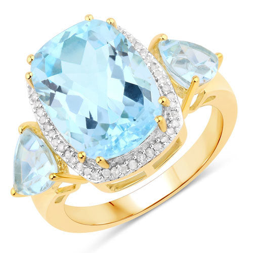 Anillo de Plata de Ley .925 con Topacio Azul Genuino de 8.23 Quilates y Diamantes Blancos