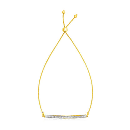 Pulsera ajustable de oro amarillo de 14k con barra texturizada y diamantes