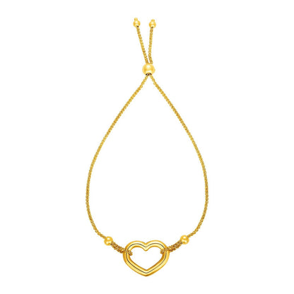 Pulsera Ajustable con Corazón Calado Brillante en Oro Amarillo de 14k