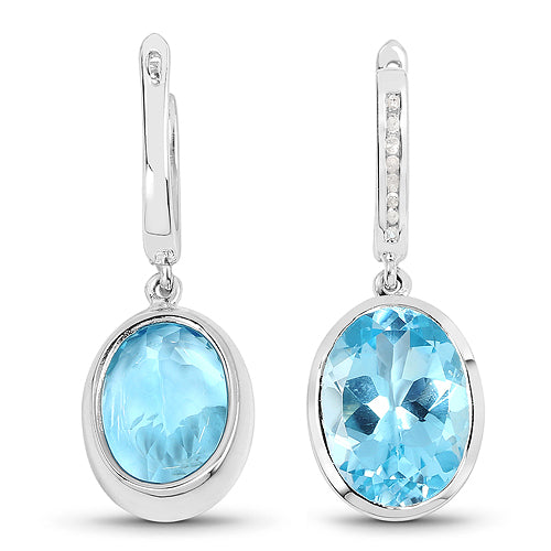 Pendientes de plata de ley .925 con topacio azul genuino de 15,13 quilates y diamantes blancos