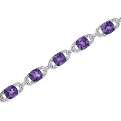Brazalete tipo tenis de plata de ley .925 con amatista talla cojín de 7 mm y diamantes (color I-J, claridad I1-I2) - Talla 7"