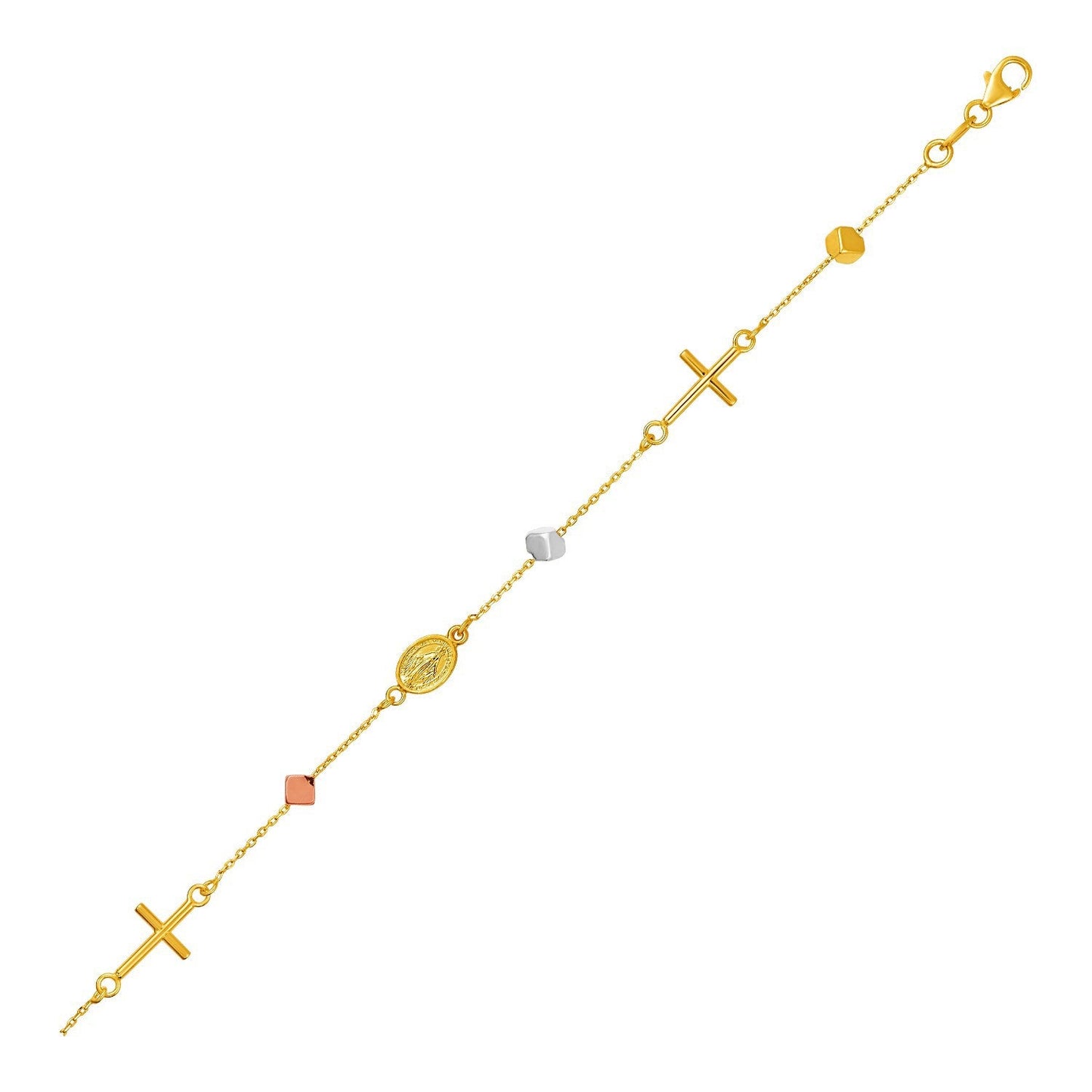 Pulsera de oro tricolor de 14k con cruces, cubos y medallones