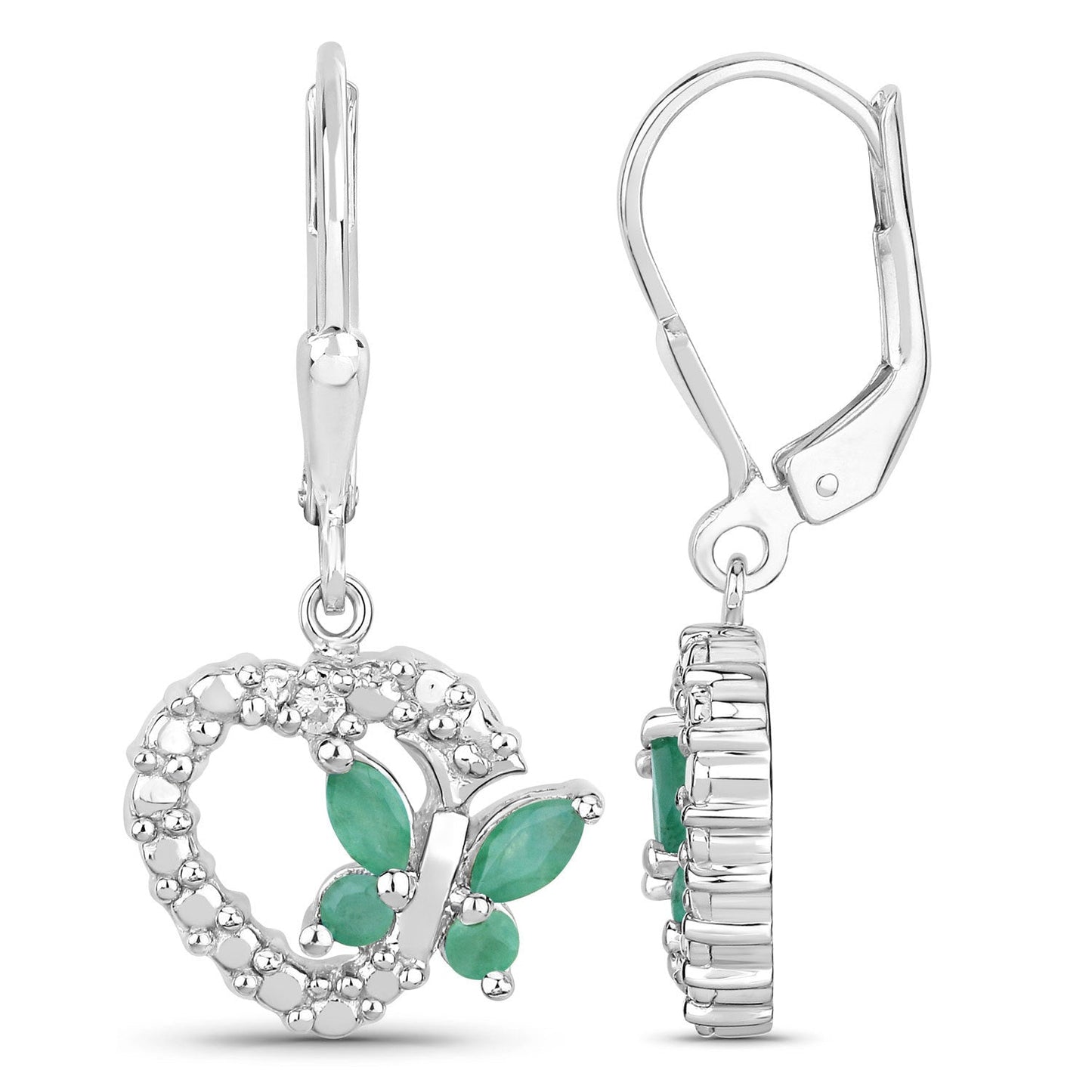 Pendientes de Plata de Ley .925 con Esmeralda Genuina de 0.44 Quilates y Zafiros Blancos Creados