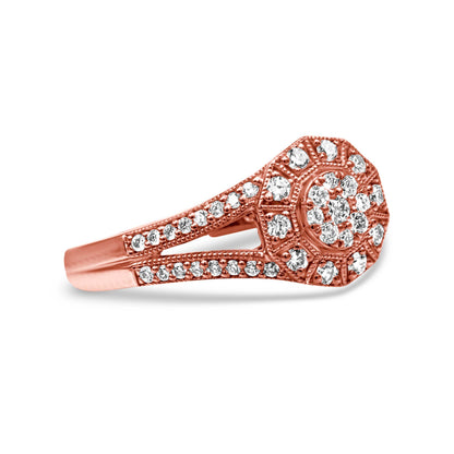 Anillo de cóctel con halo de diamantes pavé de 1/2 quilate, en plata de ley 925 con baño de oro rosa de 14 quilates, con vástago dividido (color I-J, claridad I1-I2) - Talla 6