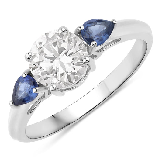Anillo de oro blanco de 14K con zafiro azul natural de 1.30 quilates y diamante creado en laboratorio
