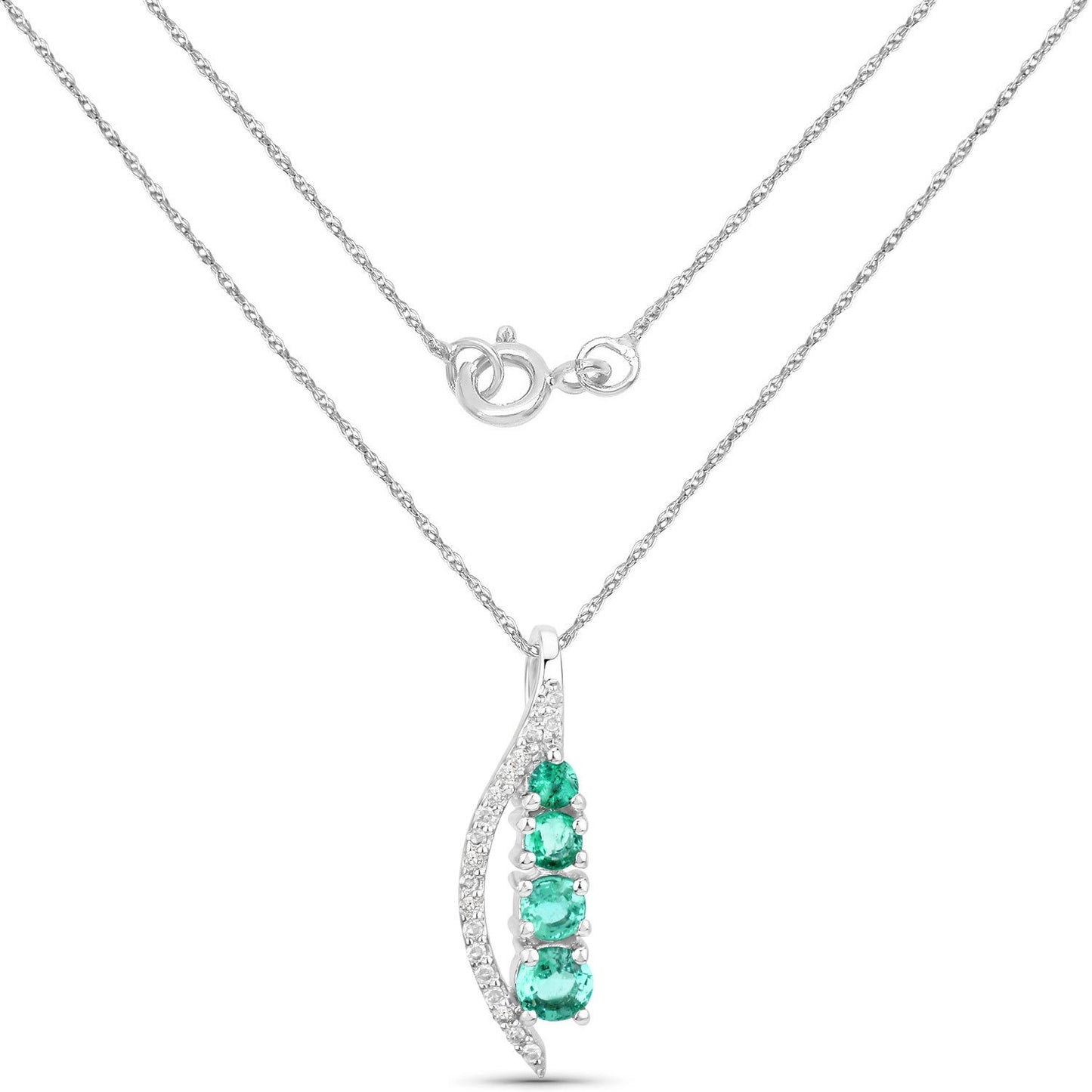 Colgante de oro blanco de 14 quilates con esmeralda zambiana auténtica de 0,34 quilates y diamantes blancos