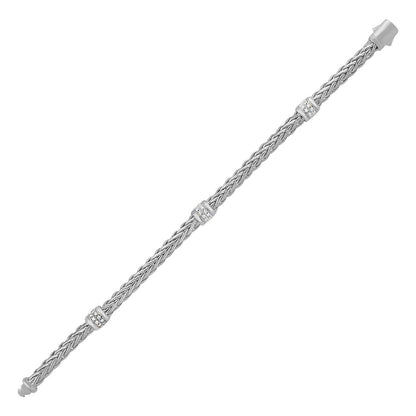 Pulsera de Cuerda Trenzada Pulida con Acentos de Diamantes en Oro Blanco de 14k
