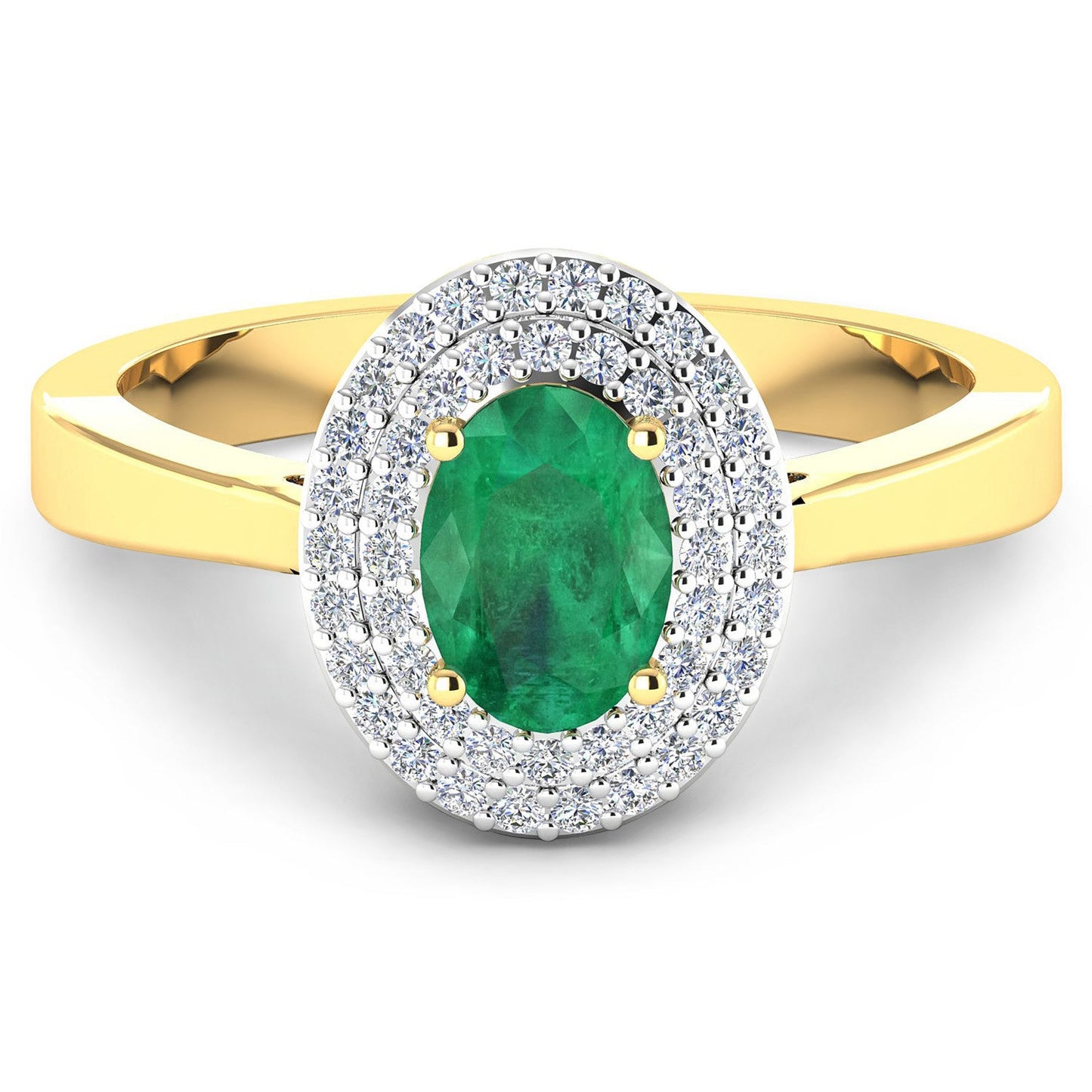 Anillo de oro amarillo de 14 quilates con esmeralda zambiana auténtica de 0,88 quilates y diamante blanco