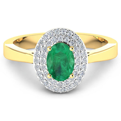 Anillo de oro amarillo de 14 quilates con esmeralda zambiana auténtica de 0,88 quilates y diamante blanco