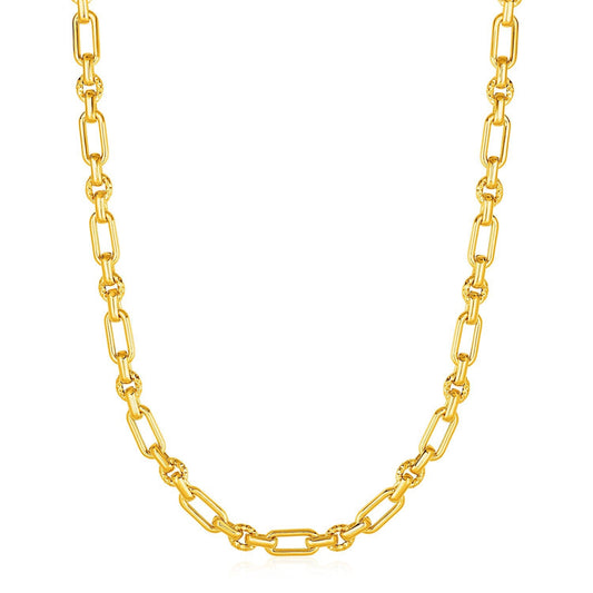 Collar de eslabones rectangulares redondeados con eslabones redondos texturizados en oro amarillo de 14k