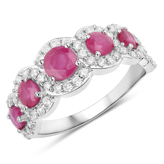 Anillo de oro blanco de 14K con rubí genuino de 1,99 quilates y diamantes blancos