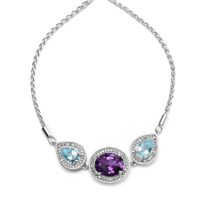 Pulsera de bolo ajustable de plata de ley .925 con amatista ovalada, topacio azul en forma de pera y acento de diamante de 4 a 10 pulgadas (color H-I, claridad SI1-SI2)