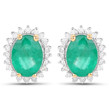 Pendientes de oro amarillo de 14 quilates con esmeralda zambiana auténtica de 2,66 quilates y diamantes blancos
