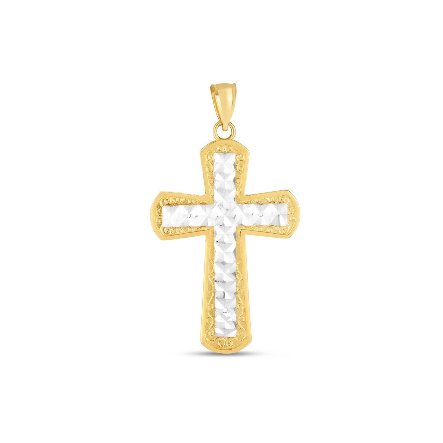 Colgante de cruz de oro de dos tonos de 14k con acabado pulido brillante y corte de diamante