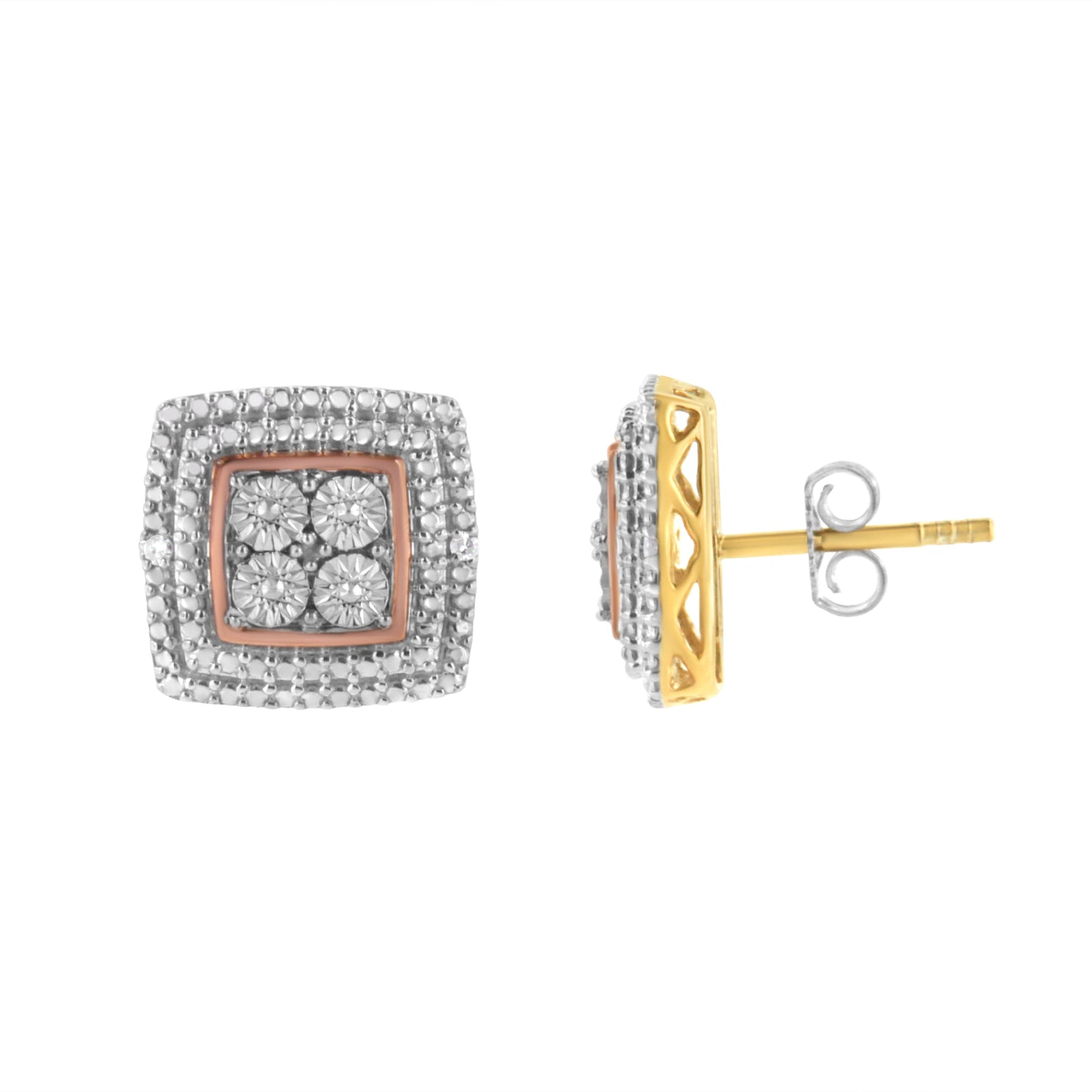 Pendientes de plata de ley bañados en oro amarillo, blanco y rosa de 10K con acentos de diamantes (Claridad I-J, Color I3)