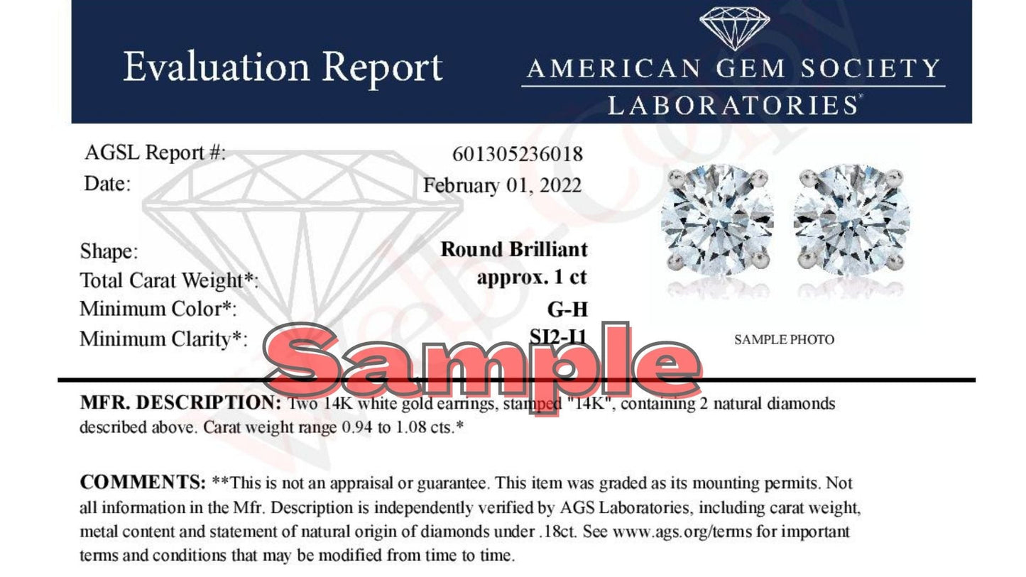 Pendientes de botón solitario de oro blanco de 14 quilates con diamantes redondos brillantes de 1,0 quilates engastados con 4 puntas AGS Certified (color G-H, claridad SI2-I1)