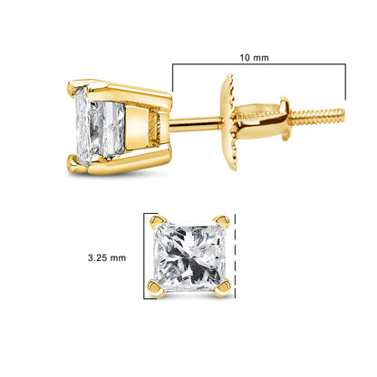Pendientes de solitario con diamante de corte princesa de oro amarillo de 14K y 1/2 quilate con cierres de rosca (color I-J, claridad SI2-I1)