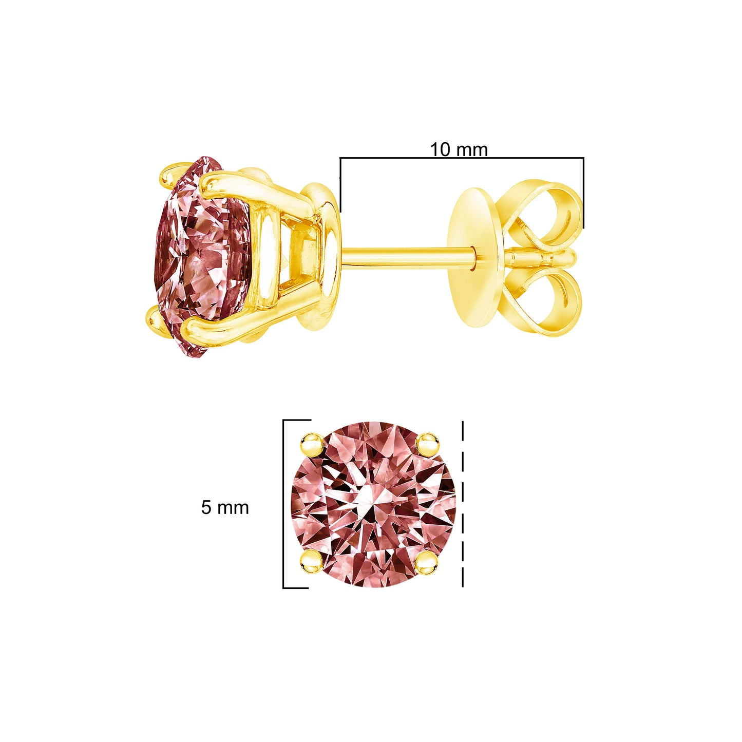 Pendientes solitario clásicos de 4 puntas de oro amarillo de 14 quilates con diamantes rosados cultivados en laboratorio de corte brillante redondo de 1,00 quilates en total (color rosa, claridad VVS2-VS1)