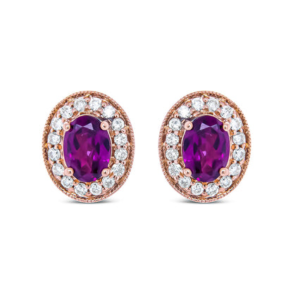 Pendientes de halo de oro rosa de 14 quilates con granate talla oval de 7x5 mm y diamantes redondos de 3/8 quilates (color G-H, claridad SI1-SI2)