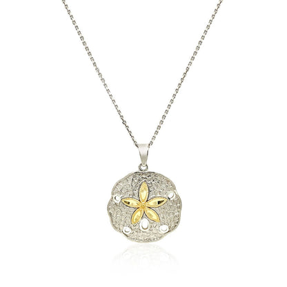 Colgante de dólar de arena de plata esterlina y oro amarillo de 14k de diseñador