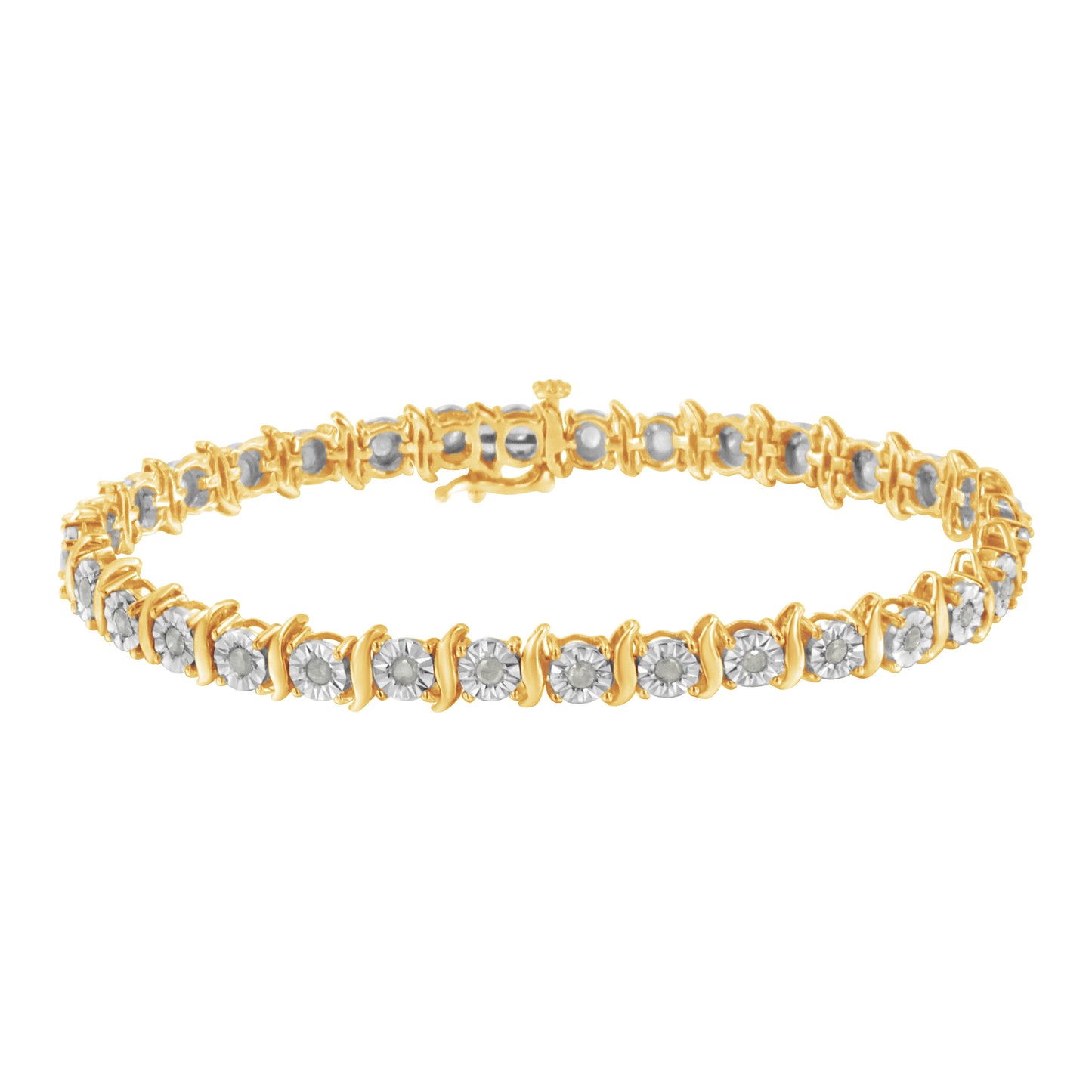 Pulsera de tenis con eslabones curvados en S con efecto milagroso de diamantes de 1,0 quilates (color I-J, claridad I3) en oro amarillo de 10 quilates y plata de ley .925 de dos tonos - 7"